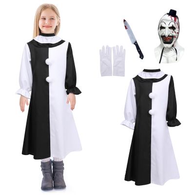 4PCS Kids Scary Clown Costumes, Killer Clown Jumpsuit Outfits with Mask Knife Gloves Halloween Props (Dress, XX-Large)