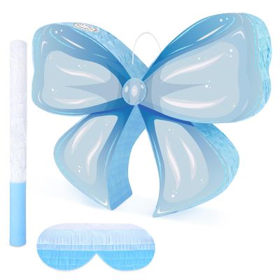 Adecortalk Bow Pinata Birthday Decorations for Kids Blue Bow Pinata with Bat Stick Blindfold for Girls Blue Bow Princess Birthday Wedding Bridal Baby Shower Party Supplies (15.8x12.6x3.2 Inches)