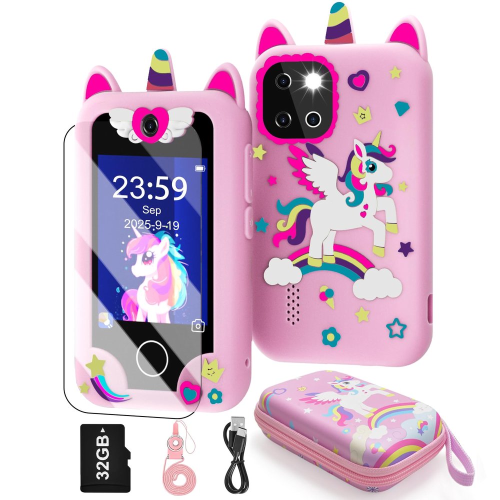 Kids Smart Phone for Girls, Christmas Birthday Gifts for Girls Age 3-10 Kids Toys Cell Phone, 2.8" Touchscreen Toddler Learning Play Toy Phone with Dual Camera, Game, Music Player, 32GB Card & Bag