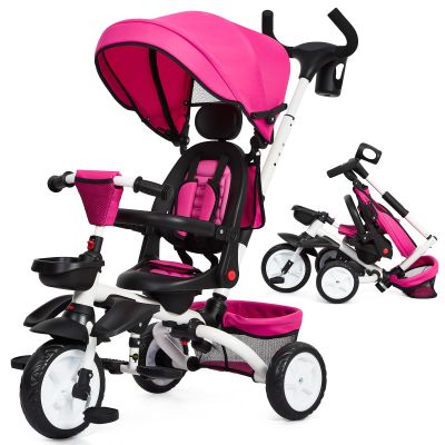 Foldable Baby Tricycle for Kids, Toddler Tricycle Stroller for 1-5 Year Old, Baby Trike with Safety Harness, Adjustable Push Handle, Storage Basket, Cup Holder, Ride a Trike