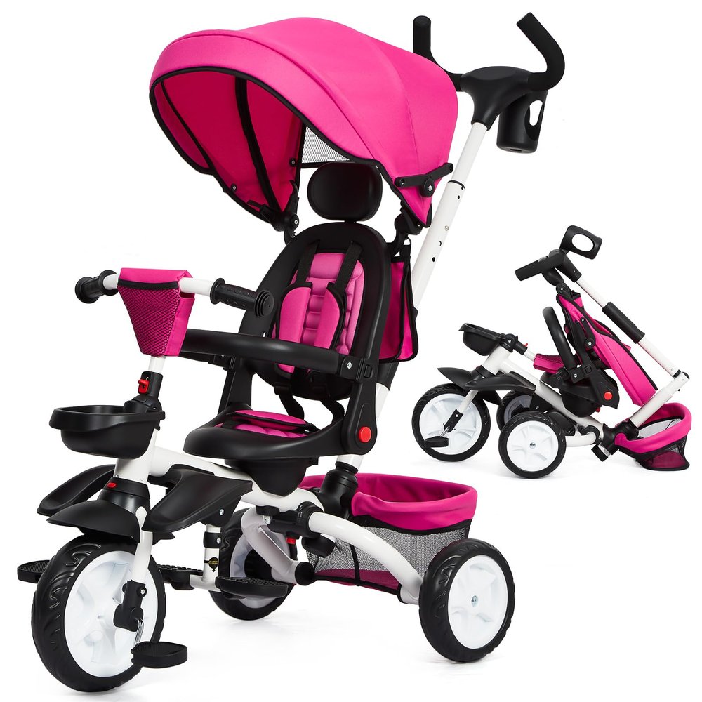 Foldable Baby Tricycle for Kids, Toddler Tricycle Stroller for 1-5 Year Old, Baby Trike with Safety Harness, Adjustable Push Handle, Storage Basket, Cup Holder, Ride a Trike