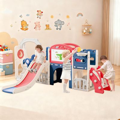 12-in-1 Toddler Slide Set,Kids & Baby Slide for Toddlers 1-3, Indoor Playground with Swing, Basketball Hoop, Climber, Tunnel & Storage Toddler Outdoor Playset for Children (Red)