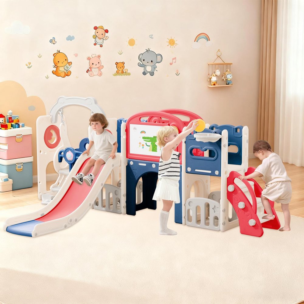 12-in-1 Toddler Slide Set,Kids & Baby Slide for Toddlers 1-3, Indoor Playground with Swing, Basketball Hoop, Climber, Tunnel & Storage Toddler Outdoor Playset for Children (Red)