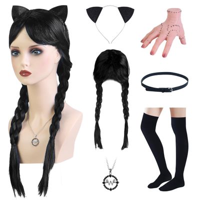 6 Pcs Halloween Costume Accessories for Girls TeenagersLong Black Braided Wigs with Bangs Fake Thing Hand Necklace Headband Belt and Socks for Goth Family Costume Party