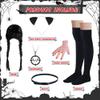 6 Pcs Halloween Costume Accessories for Girls TeenagersLong Black Braided Wigs with Bangs Fake Thing Hand Necklace Headband Belt and Socks for Goth Family Costume Party view 3