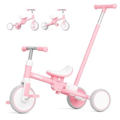KORIMEFA 5-in-1 Tricycle for Toddlers 1-3, Toddler Bike with Push Handle & Removable Pedals, Adjustable Seat Toddler Tricycle, Easy Assembly, Pink