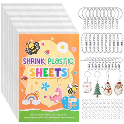 155 Pcs Shrink Plastic Sheets Kit, Including 25Pcs Shrinky Art Paper 7.9x5.7in, Chains Keychains Ear Hooks Opeaning Jump Rings DIY Crafts Keychain Making Kit Easter Basket Stuffers for Adults Aged 14+