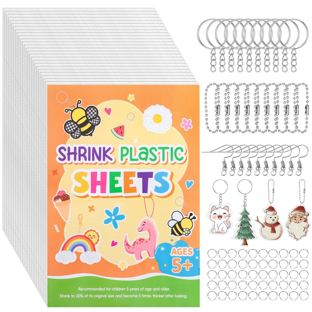 155 Pcs Shrink Plastic Sheets Kit, Including 25Pcs Shrinky Art Paper 7.9x5.7in, Chains Keychains Ear Hooks Opeaning Jump Rings DIY Crafts Keychain Making Kit Easter Basket Stuffers for Adults Aged 14+