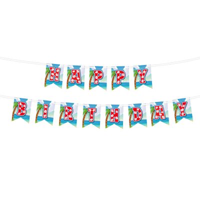 2pcs Cartoon Birthday Banners, Pre-Strung Happy Birthday Fishtail Flag Banner Summer Hawaiian Themed Party Baby Shower Decoration Supplies