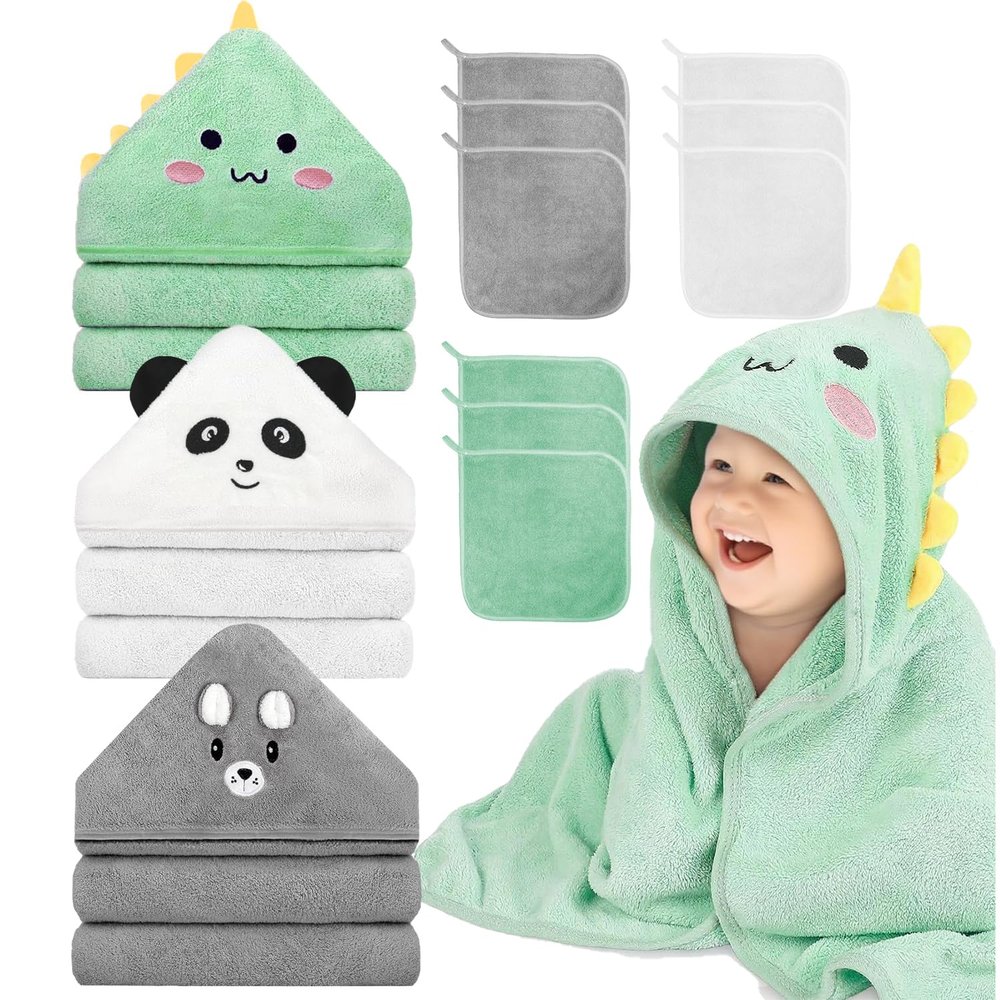 12 PCS Hooded Baby Towel Set, 32x32 Inch Absorbent Baby Bath Towels, 3 PCS Soft Hooded Towels & 9 PCS Washcloths, Ideal for Newborns, Toddlers, and Babies  Baby Bath Essentials (Green + Gray + White)