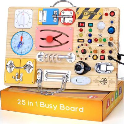 25 in 1 Busy Board with 13 LED Light Switches and 12 Activity, Montessori Toys for 1 2 3 Years Old, Wooden Sensory Board, Toddlers Travel Toys for 1+ Year Old Boy & Girl Birthday GiftExtra-Large