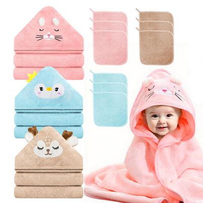 12 PCS Hooded Baby Towel Set, 32x32 Inch Absorbent Baby Bath Towels, 3 PCS Soft Hooded Towels & 9 PCS Washcloths, Ideal for Newborns, Toddlers, and Babies Baby Bath Essentials (Pink + Brown + Blue)