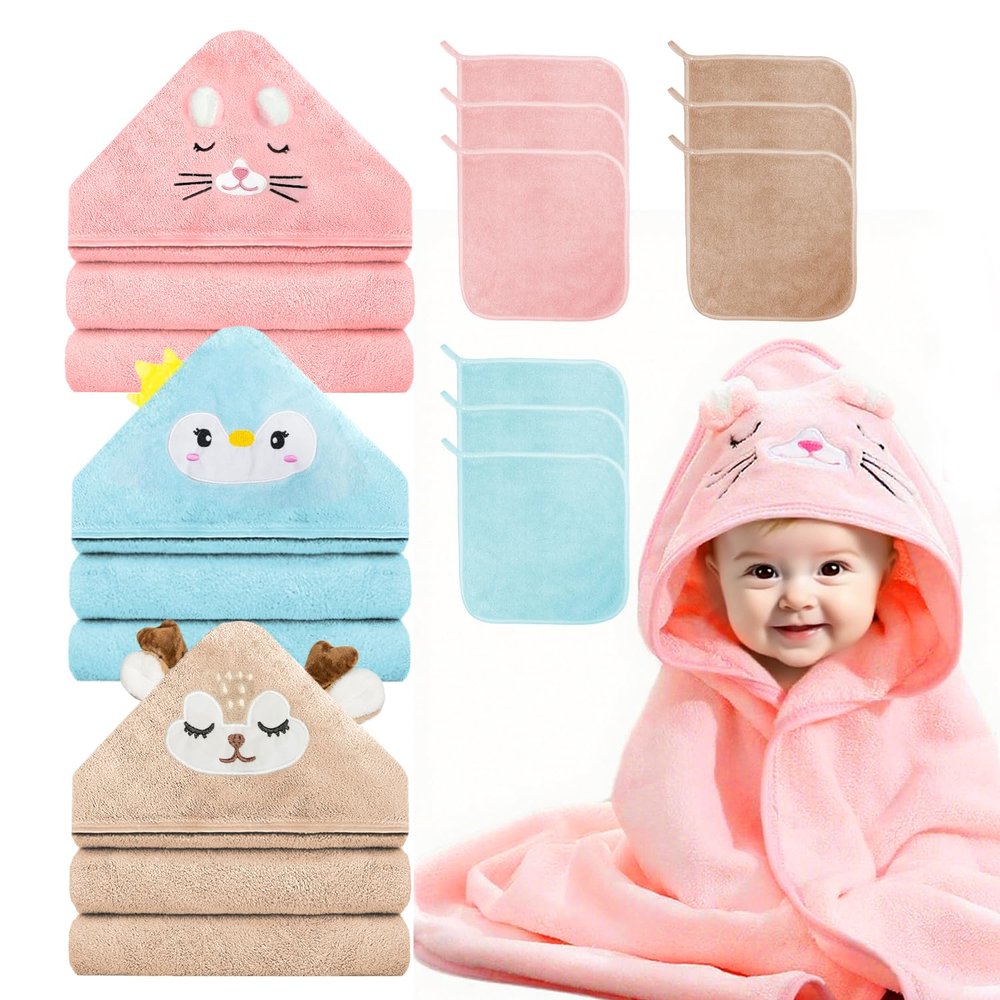 12 PCS Hooded Baby Towel Set, 32x32 Inch Absorbent Baby Bath Towels, 3 PCS Soft Hooded Towels & 9 PCS Washcloths, Ideal for Newborns, Toddlers, and Babies  Baby Bath Essentials (Pink + Brown + Blue)