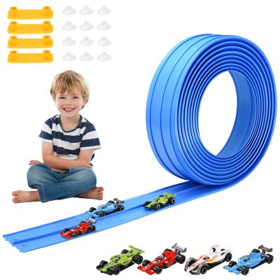 Flex Race Car Track 15 Ft for Kids 3+ Toys, with 4 Small Racecars, Suitable for Hot Wheels and Diecast 1/64th Cars, Rolls Up Race Tracks with Strong Suction Cups