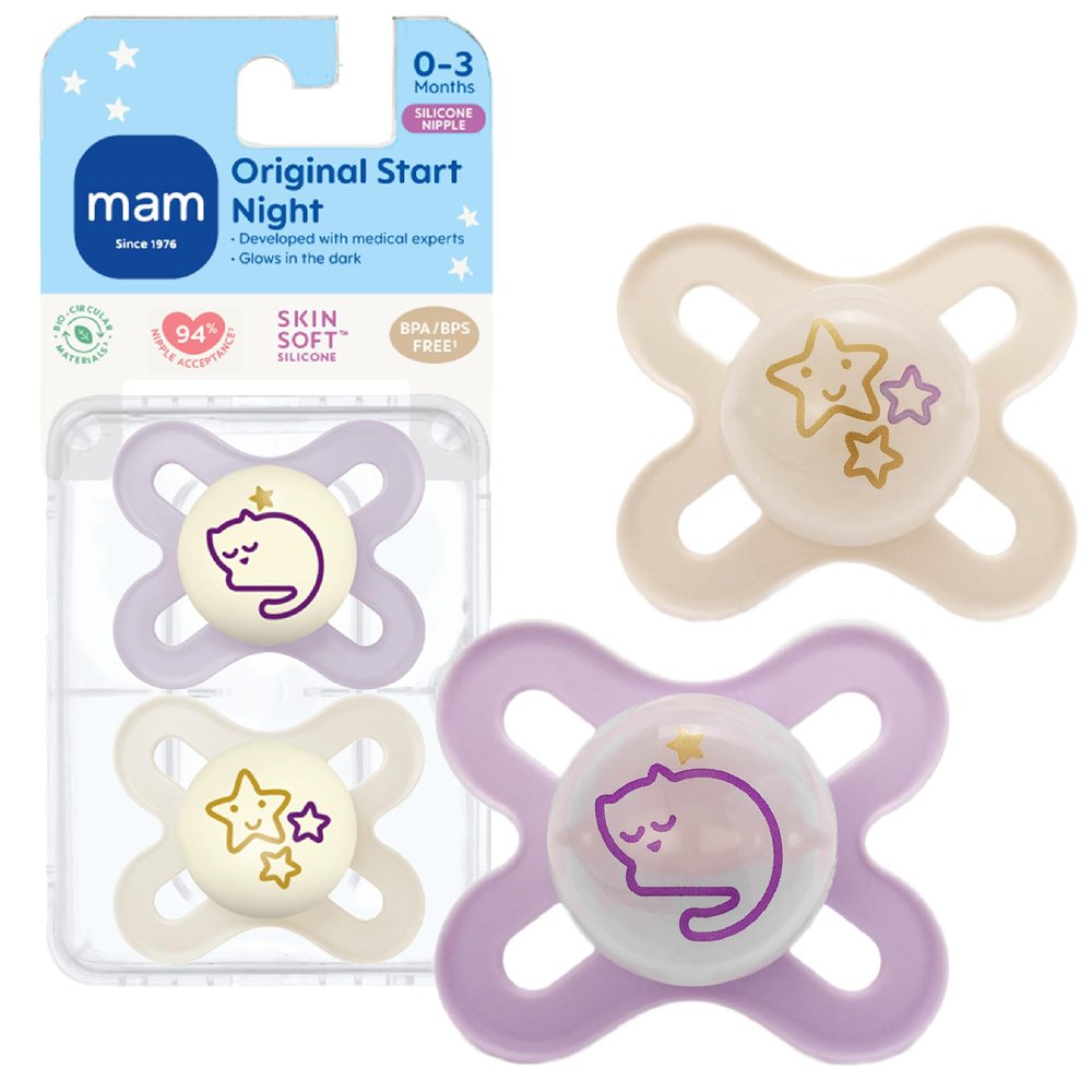 MAM Original Start Night Baby Pacifiers, Binky for 0-3 Months, BPA-Free Silicone Nipple, Easy to Clean, Best for Newborn Babies, Developed with Medical Experts, 2 Count Binkies with Sterilizer Case