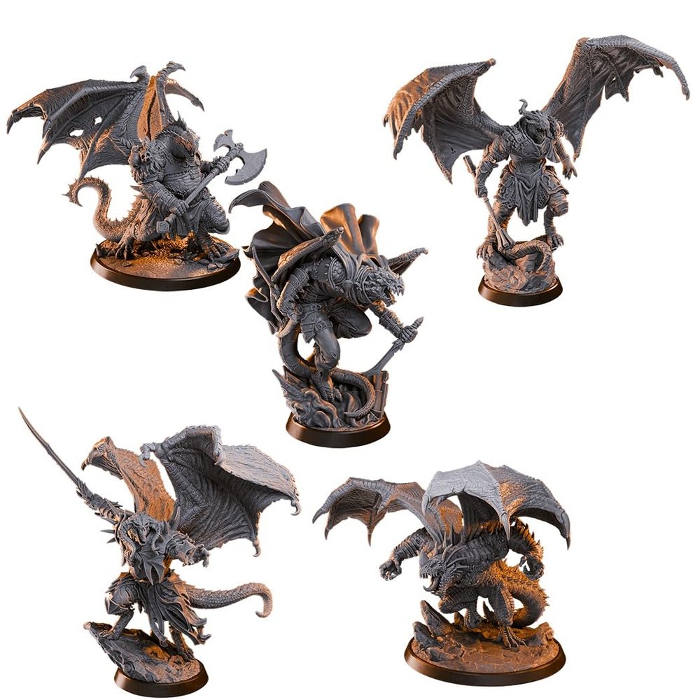 Draconian Miniature Squad Set, Unpainted 32mm Fantasy Figures, Gaming Miniatures for DND, Pathfinder, Warhammer 40k, Pre-Cleaned and Cured