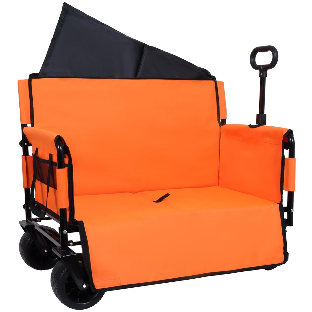 3-in-1 Folding Utility Wagon with Bench Seat, 500 lbs Capacity, 9"x4" All-Terrain Beach Tires, Perfect for Camping & Beach (Orange-Scooter)