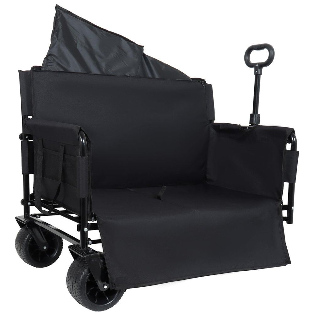 3-in-1 Folding Utility Wagon with Bench Seat, 500 lbs Capacity, 9"x4" All-Terrain Beach Tires, Perfect for Camping & Beach (Black-Wheel)