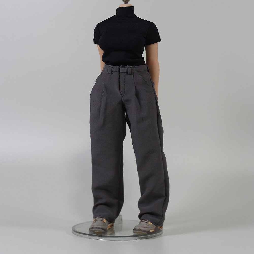 1/6 Scale Female Clothes, Commuter Daily Wear Casual Outfits for 12-inches Female Action Figure Body Doll, Short / Long Sleeves Tops & Wide-leg / Cuffed Trousers Clothing (deep-grey wide-leg trousers)