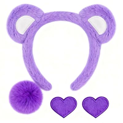 Seshfaha 4-Piece Plush Bear Costume Set Fuzzy Ears Headband, Pom Tail & Felt Heart Patch for Dress-Up, Parties & Cosplay (Purple)