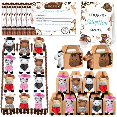 62 Pcs Adopt a Horse Animal Party Favors Include 12 Mini Stuffed Horse 12 Boxes 12 Hat 12 Scarves 12 Cards 1 Adopt Sign 1 Fence for Adopt a Grassland Animal Pet Party Favor Birthday Supplies