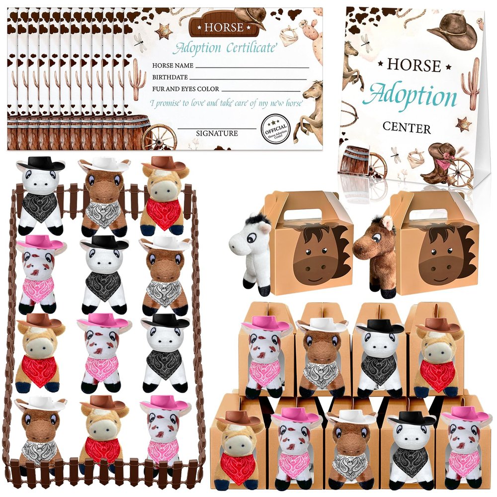 62 Pcs Adopt a Horse Animal Party Favors Include 12 Mini Stuffed Horse 12 Boxes 12 Hat 12 Scarves 12 Cards 1 Adopt Sign 1 Fence for Adopt a Grassland Animal Pet Party Favor Birthday Supplies