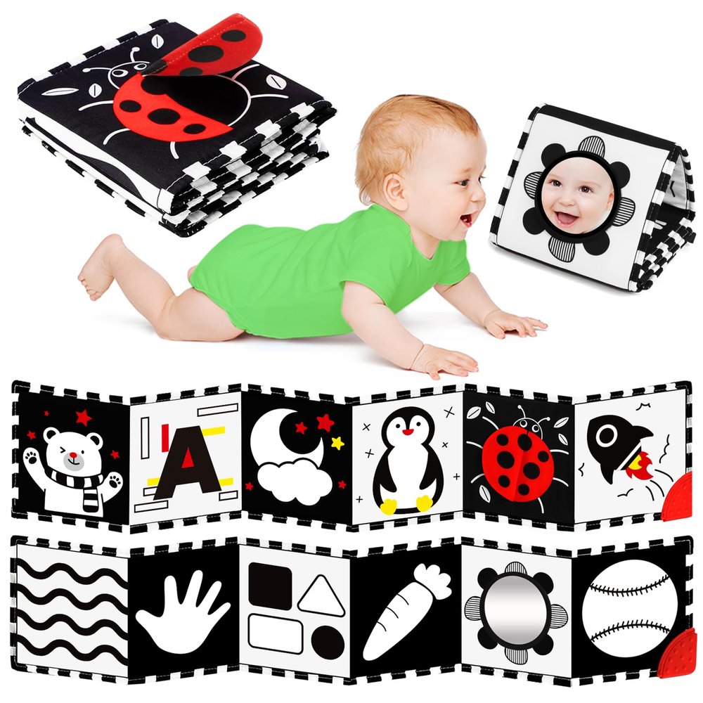 High Contrast Baby Toys for Newborn, Tummy Time Mirror, Black and White Baby Toy for 0-6 Months, Soft Montessori Visual Stimulation Infant Book, Boy Girl Shower Valentines Gift, Easter Basket Stuffers