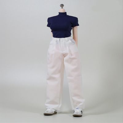 1/6 Scale Female Clothes, Commuter Daily Wear Casual Outfits for 12-inches Female Action Figure Body Doll, Short / Long Sleeves Tops & Wide-Leg / Cuffed Trousers Clothing (White Wide-Leg Trousers)