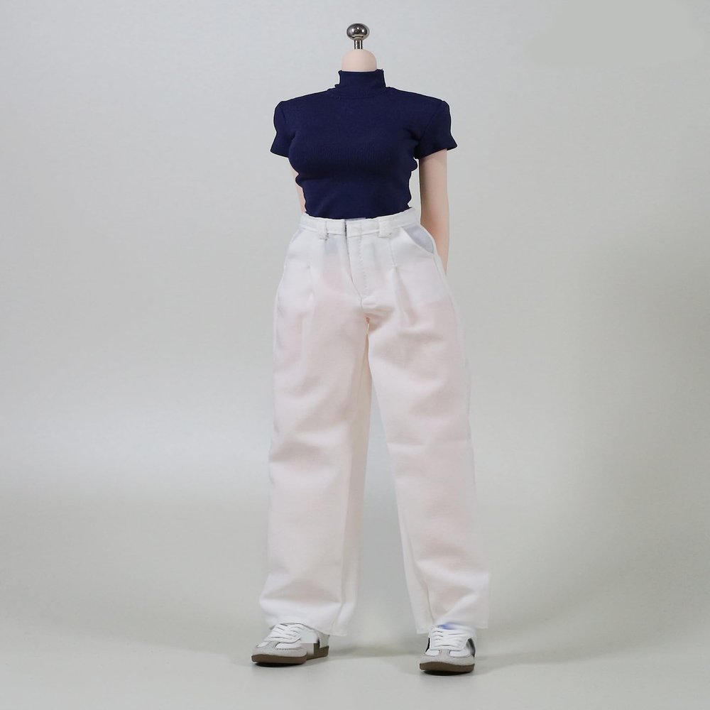 1/6 Scale Female Clothes, Commuter Daily Wear Casual Outfits for 12-inches Female Action Figure Body Doll, Short / Long Sleeves Tops & Wide-Leg / Cuffed Trousers Clothing (White Wide-Leg Trousers)