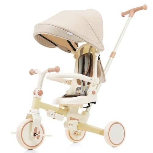 Baby Tricycle, Foldable Toddler Tricycle with Removable and Adjustable Parent Handle, Toddler Push Bike with Removable Pedal, Canopy, and Guardrail, Tricycle for 12-72 Months (Yellow)