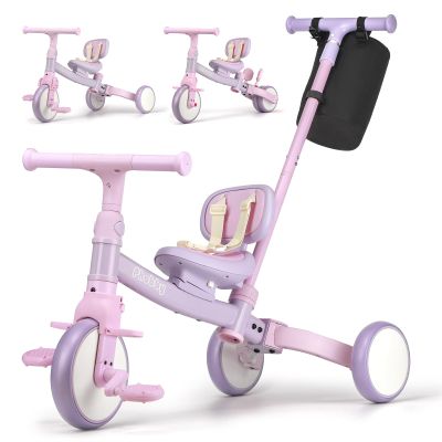 Phobby 5 in 1 Toddler Tricycle with Steering Push Handle for 1 2 3 4 Years Old, Kids Trike with Removable Pedals, First Riding Toy Birthday Gift for Girls Boys, Pink