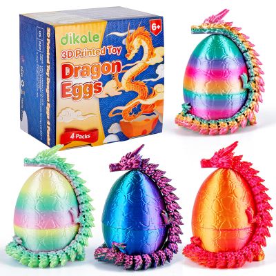 dikale 4 Packs 3D Printed Dragon Eggs with Articulated Dragon Inside, Fidget Toys for Kids & Adults, Easter Christmas Stocking Stuffers, Tabletop Fun Decoration, Silk Luminous Rainbow Color Included