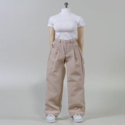 1/6 Scale Female Clothes, Commuter Daily Wear Casual Outfits for 12-inches Female Action Figure Body Doll, Short / Long Sleeves Tops & Wide-Leg / Cuffed Trousers Clothing (Beige Wide-Leg Trousers)