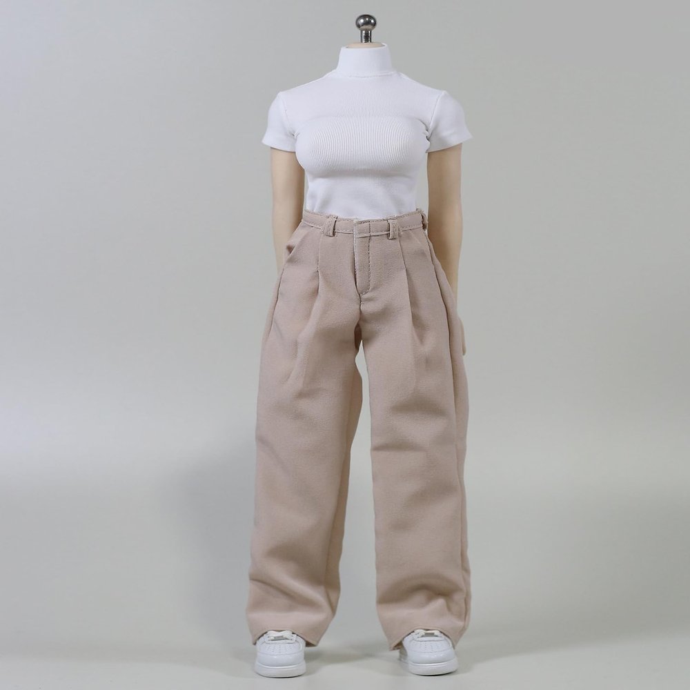 1/6 Scale Female Clothes, Commuter Daily Wear Casual Outfits for 12-inches Female Action Figure Body Doll, Short / Long Sleeves Tops & Wide-Leg / Cuffed Trousers Clothing (Beige Wide-Leg Trousers)