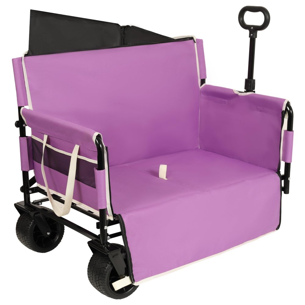 3-in-1 Folding Utility Wagon with Bench Seat, 500 lbs Capacity, 9"x4" All-Terrain Beach Tires, Perfect for Camping & Beach (Purple-Wheel)
