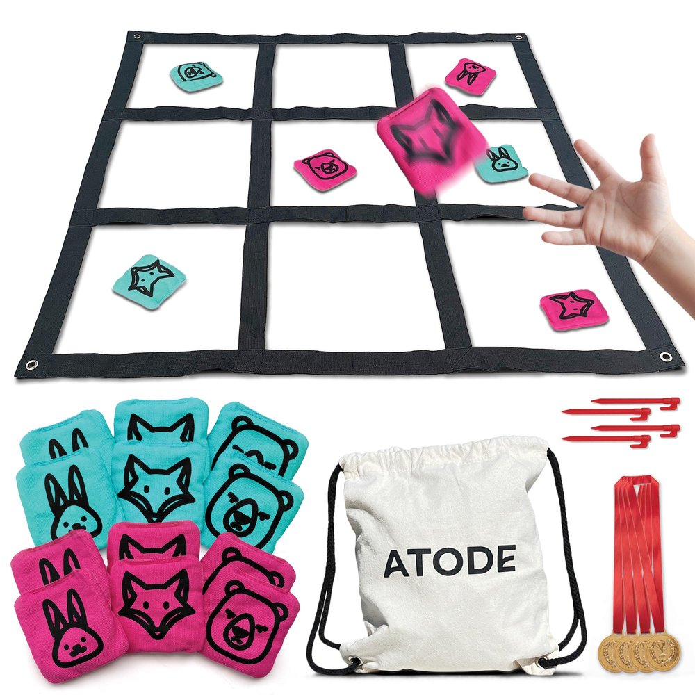 ATODE Giant Tic Tac Toe  4 ft Outdoor Bean Bag Toss Game for Kids & Adults | Instant Setup, No Assembly | Forest Edition Animal Teams | Backyard, Beach, Camping
