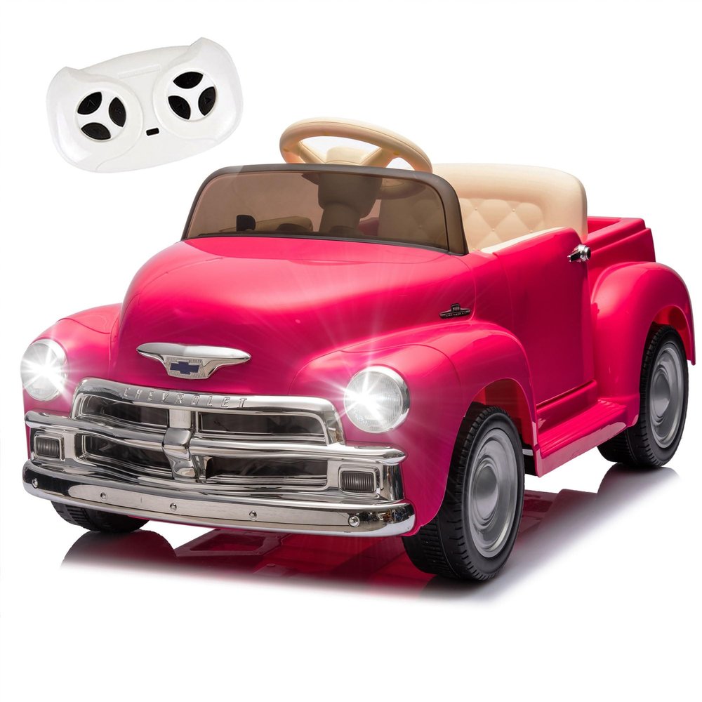 12V Kids Ride On Truck Car with Parental Control, Licensed Chevrolet 3100 Pickup, Electric Car for Kids, Vintage Modeling, 3 Speeds, LED Lights, Bluetooth, USB, High-Power up to 4.35 km/h(Pink)