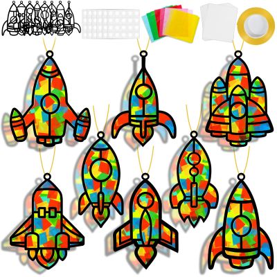 32 Sets Outer Space Rocket Suncatchers Craft Kit DIY Window Stained Glass Effect Space Theme Paper Crafts for Home School Classroom Decoration Kid Birthday Gifts Creative Art Projects Activity Game