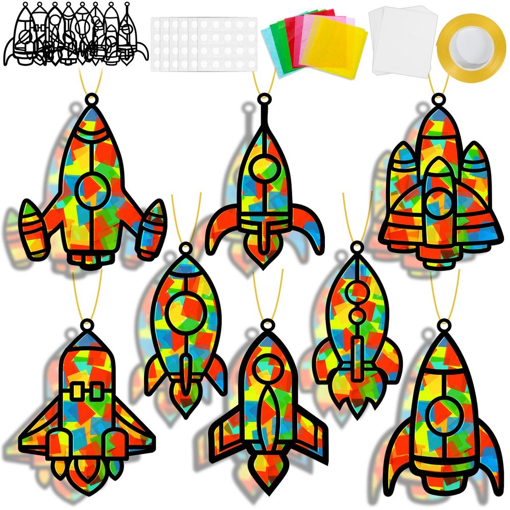 32 Sets Outer Space Rocket Suncatchers Craft Kit DIY Window Stained Glass Effect Space Theme Paper Crafts for Home School Classroom Decoration Kid Birthday Gifts Creative Art Projects Activity Game