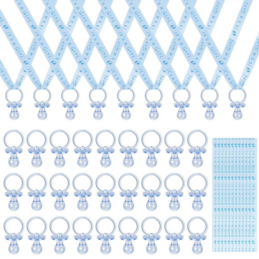 36PCS Baby Shower Pacifiers Necklace, Acrylic Baby Pacifiers Charm Necklace, Mini Pacifier Shape Soother Ribbon for Girls Boys Babies Shower Party Favors Table Scatter Decorations(Blue)