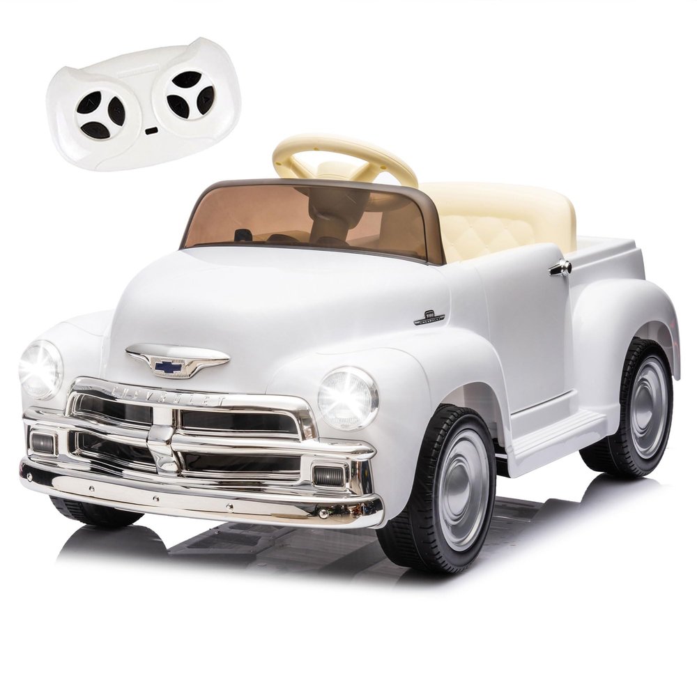 12V Kids Ride On Truck Car with Parental Control, Licensed Chevrolet 3100 Pickup, Electric Car for Kids, Vintage Modeling, 3 Speeds, LED Lights, Bluetooth, USB, High-Power up to 4.35 km/h(White)
