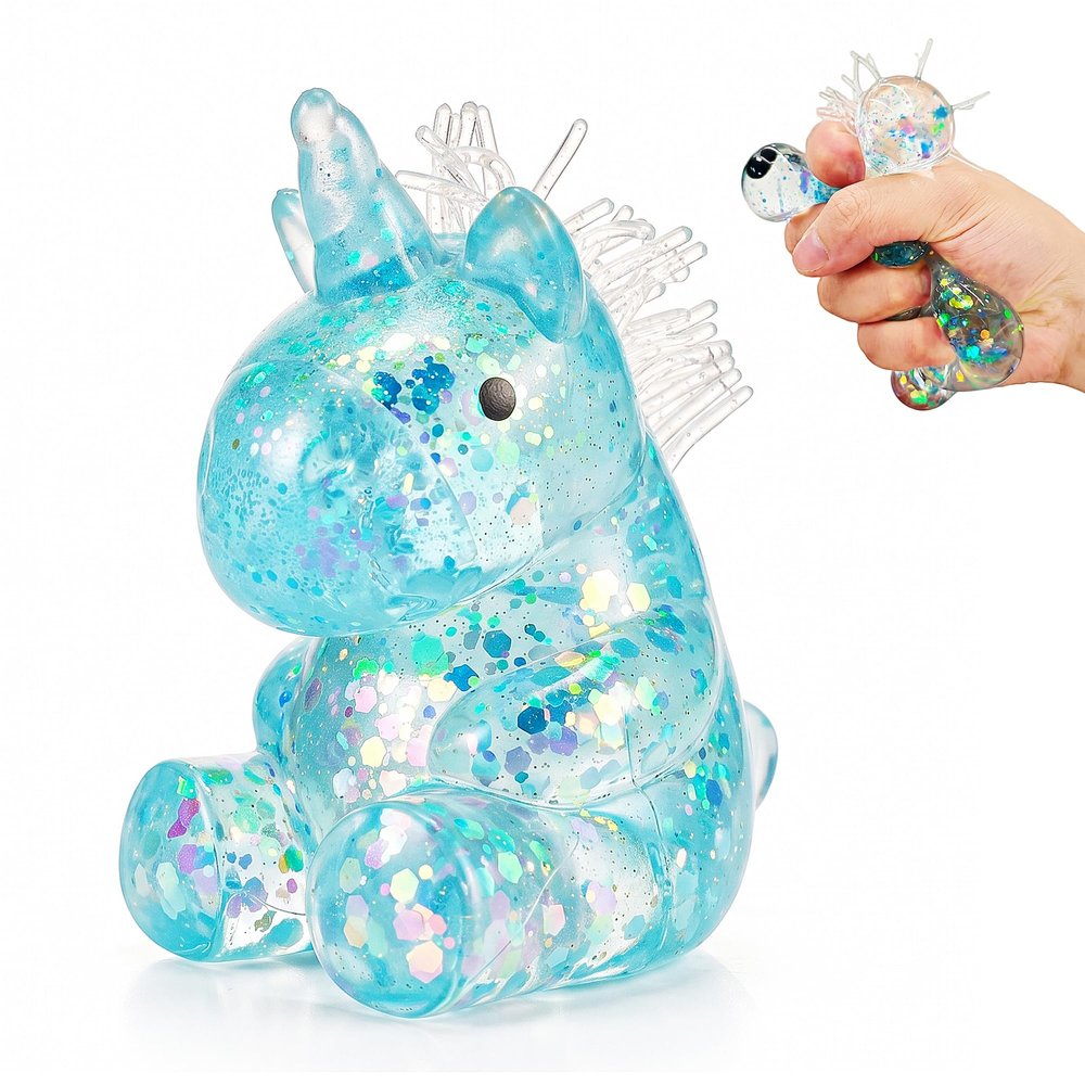 1Pcs Glitter Stress Relief Unicorn Squishy Toy Cute Malt Sugar Filled Unicorn Squishy Sensory Fidget Toy for Kids Adults Anxiety Relief Birthday Party Favors Gift (Blue)