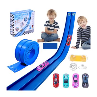 Flexible Race Car Ramp Track for Kids Toy 4 Small Race Cars and 8 Suction Cups Compatible with Hot Wheels and Diecast 1/64th Cars, Rolls Up Portable Racetrack for Ages 3 & Up (Dark Blue)