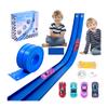 Flexible Race Car Ramp Track for Kids Toy 4 Small Race Cars and 8 Suction Cups Compatible with Hot Wheels and Diecast 1/64th Cars, Rolls Up Portable Racetrack for Ages 3 & Up (Dark Blue)