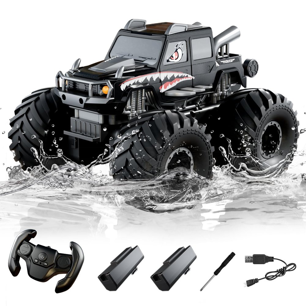 Amphibious Remote Control Car, Waterproof 360Rotate 4WD RC Monster Trucks,2.4GHz All Terrain Off-Road Pickup Toy,RC Car Pool Toys Remote Control Boat for Gifts for Boys Kids Age 8-12+ (Black)