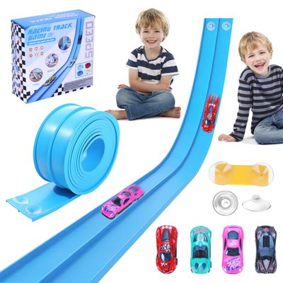 Flexible Race Car Ramp Track for Kids Toy 4 Small Race Cars and 8 Suction Cups Compatible with Hot Wheels and Diecast 1/64th Cars, Rolls Up Portable Racetrack for Ages 3 & Up (Light Blue)