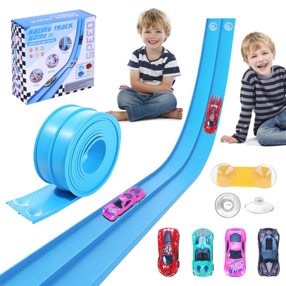 Flexible Race Car Ramp Track for Kids Toy 4 Small Race Cars and 8 Suction Cups Compatible with Hot Wheels and Diecast 1/64th Cars, Rolls Up Portable Racetrack for Ages 3 & Up (Light Blue)