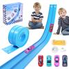 Flexible Race Car Ramp Track for Kids Toy 4 Small Race Cars and 8 Suction Cups Compatible with Hot Wheels and Diecast 1/64th Cars, Rolls Up Portable Racetrack for Ages 3 & Up (Light Blue) view 1