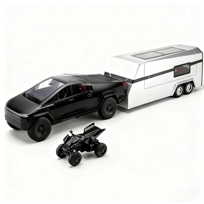 1/32 Cyber Pickup Toy Truck with RV and ATV Motorcycle Alloy Truck Model with Sound and Light Effect Pull Back Diecast Comer Set Ideal Charistmas Gift Age for 3+