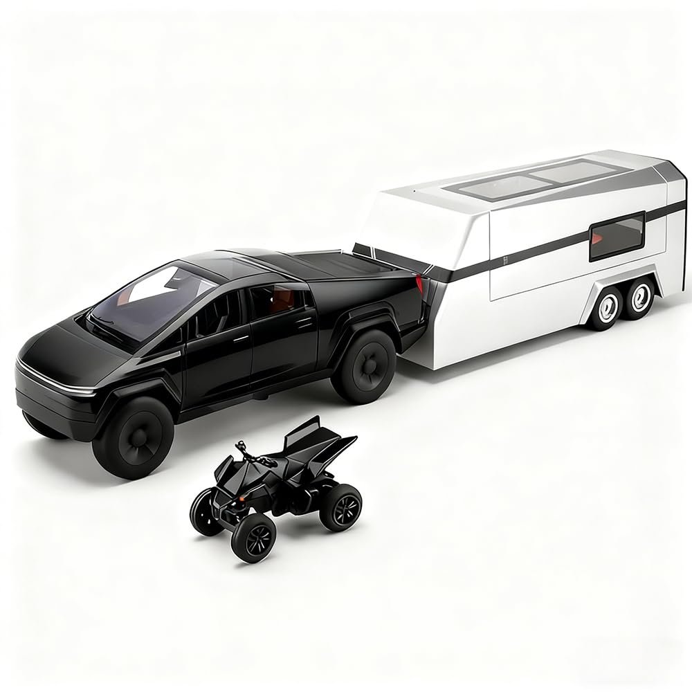 1/32 Cyber Pickup Toy Truck with RV and ATV Motorcycle Alloy Truck Model with Sound and Light Effect Pull Back Diecast Comer Set Ideal Charistmas Gift Age for 3+